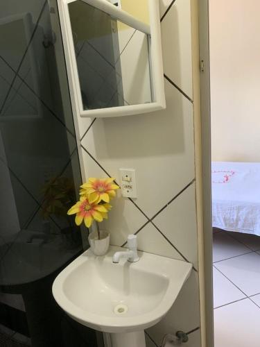 a bathroom sink with a mirror and a vase of flowers at Pousada Vital in Jericoacoara