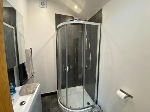 a bathroom with a shower and a sink at Stansted Airport Luxury Annexe with Parking. in Birchanger