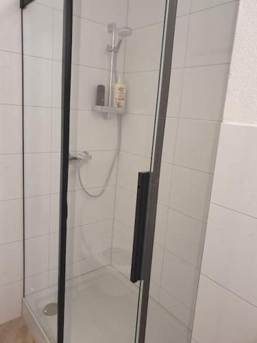 ein Bad mit einer Dusche und einem WC in der Unterkunft ST2 Apartment in Triberg