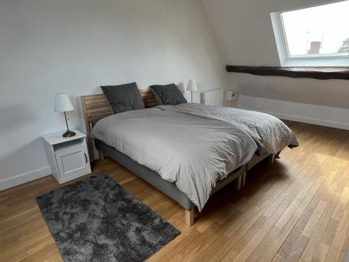 sypialnia z łóżkiem, dywanem i oknem w obiekcie Villa 3 Bedrooms - Proche VERSAILLES ORLY PARIS PARKING GRATUIT w mieście Les Clayes-sous-Bois