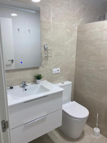 uma casa de banho com um lavatório branco e um WC. em VIVIENDA RURAL EL PROGRESO em Carchelejo