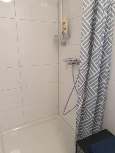 a bathroom with a shower with a shower curtain at ST3 Apartment in Triberg