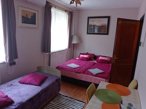 1 dormitorio con 2 camas, mesa y sillas en Partifecske Vendégház en Tiszafüred