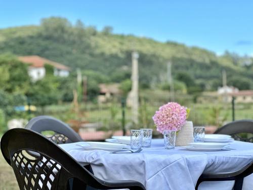 uma mesa com uma toalha de mesa azul e flores sobre ela em Las Pozas De Utienes - 7811 em Arnuero
