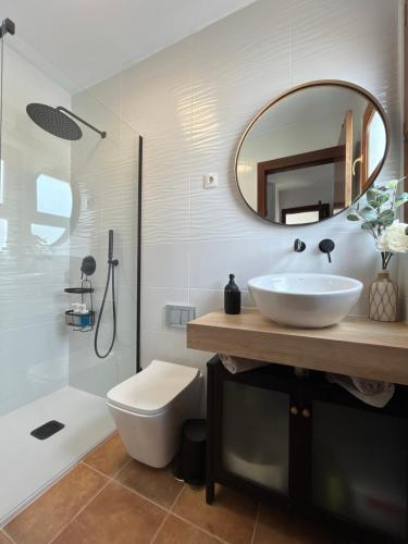 a bathroom with a sink and a toilet and a mirror at VILLA CALMA en Teguise, "Pueblo con Encanto" in Teguise