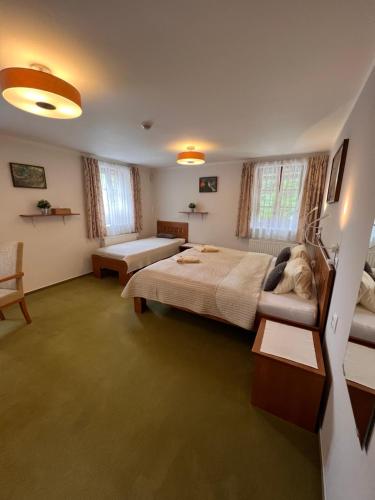 a large bedroom with a bed and a couch at Hotýlek pod smrkem in Harrachov