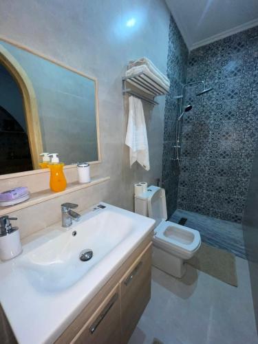 a bathroom with a sink and a toilet and a shower at Casa Hassan in Asilah