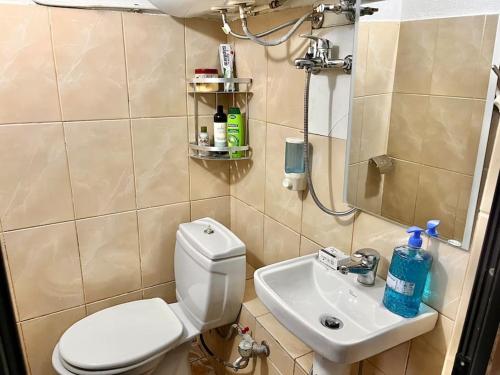 Baño pequeño con aseo y lavamanos en Tirana's Best Stay! en Tirana