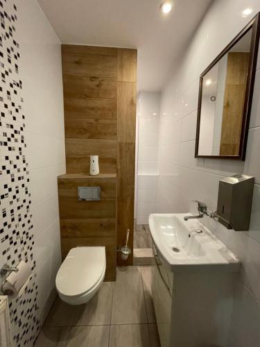 ein Bad mit einem WC und einem Waschbecken in der Unterkunft CBC Pokoje Hotelowe in Starogard Gdański