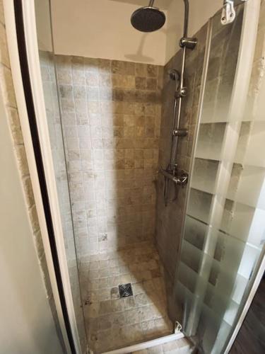 une cabine de douche avec une porte vitrée dans une salle de bain dans l'établissement Maison de ville en plein cœur d'Avignon Intramuros, à Avignon