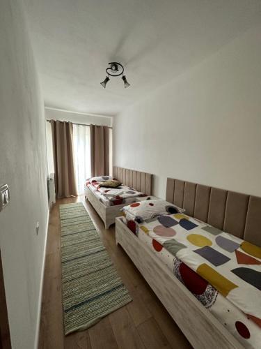 a bedroom with two beds and a rug at CASA IKA&MATEI in Borşa