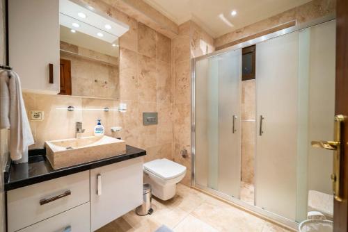 La salle de bains est pourvue d'une douche, de toilettes et d'un lavabo. dans l'établissement Azure Apartment with Sea view in Kalkan, à Kalkan