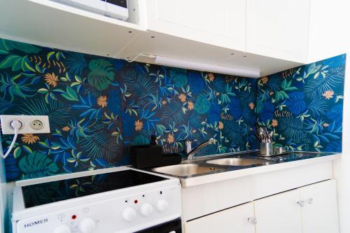 a kitchen with a sink and floral wallpaper at Lumineux 2 pièces proche Paris et Eurodisney in Villemomble