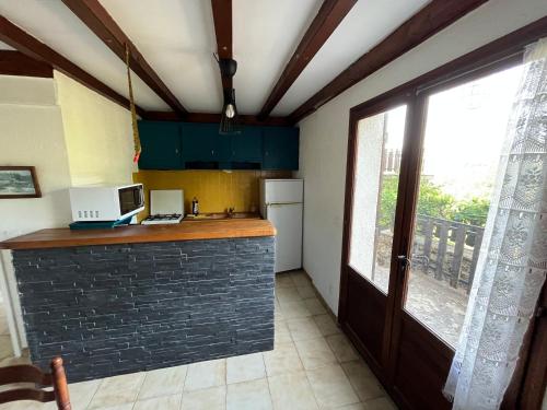 une cuisine avec un comptoir, un four micro-ondes et une fenêtre dans l'établissement Appartement au lac du laouzas, à Nages