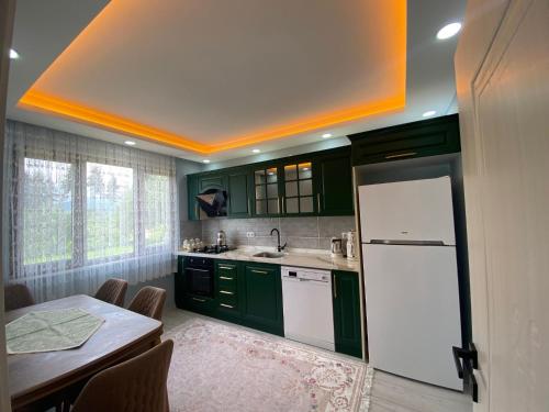 a kitchen with green cabinets and a white refrigerator at Şirin Villa in Macka