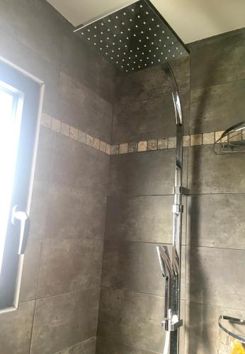 une salle de bain avec une douche avec pommeau de douche dans l'établissement Maison aux pieds des Alpilles, à Noves