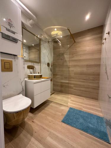 ein Bad mit einer Dusche, einem WC und einem Waschbecken in der Unterkunft Apartament Michałek in Mielno
