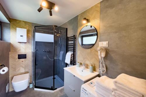 a bathroom with a shower and a sink and a mirror at Stodoły Modyń in Kamienica