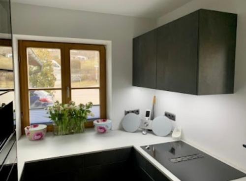 a kitchen with a sink and a counter top at Ferienwohnung SISSI in Rieden