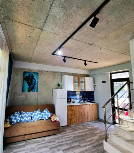 a living room with a couch and a kitchen at GiNa Shekvetili in Shekvetili