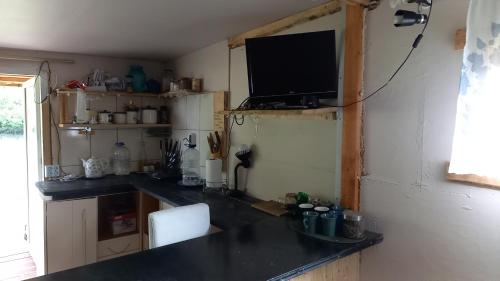 een keuken met een aanrecht met een tv aan de muur bij Plesumi 