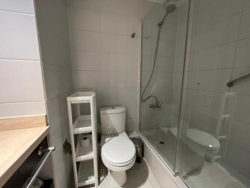 a small bathroom with a toilet and a shower at Oceana Suites Capital in Santiago