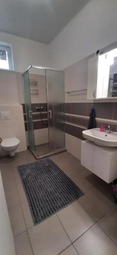 バラトンレッレにあるAncsi Apartmanházのバスルーム(シャワー、洗面台、トイレ付)