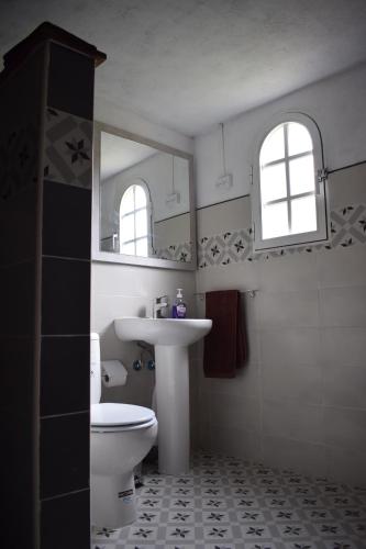 La salle de bains est pourvue d'un lavabo, de toilettes et d'un miroir. dans l'établissement Castillo Esmeralda, à Las Gabias