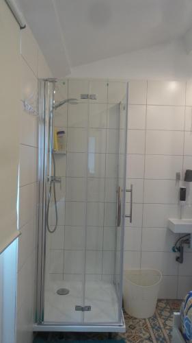 a shower with a glass door in a bathroom at Maison LYDIE - Meublé de vacances 3 étoiles in Charleroi