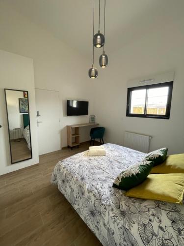 a bedroom with a large bed and a mirror at Résidence Tamaris Loft House in La Mézière