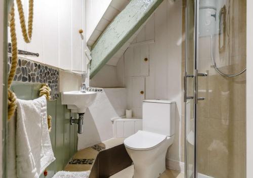 a small bathroom with a toilet and a sink at Alpha Cottage in Dittisham