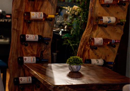 a bunch of wine bottles on a wooden wall at Art Hotel Boutique in San Pedro Sula