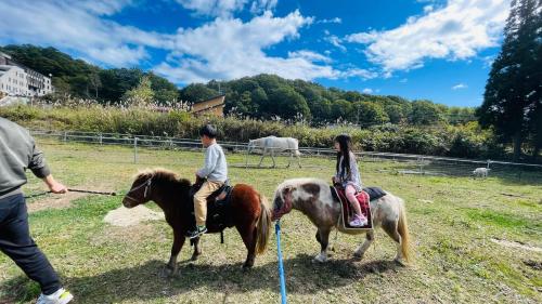 a boy and a girl riding horses in a field at miniモンゴルキャンプ場 in Gujo