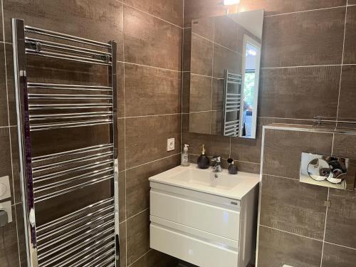 une salle de bain avec un lavabo et un miroir dans l'établissement Studio moderne à 50m de la plage, climatisé, proche commerces et gare, parking disponible - FR-1-466A-50, à Saint-Raphaël