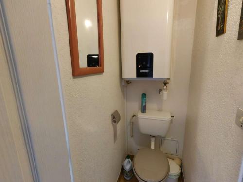 une petite salle de bain avec toilettes et miroir dans l'établissement Joli T2 avec terrasse, piscine, proche plage pour 4 pers - FR-1-607-172, au Cap d'Agde