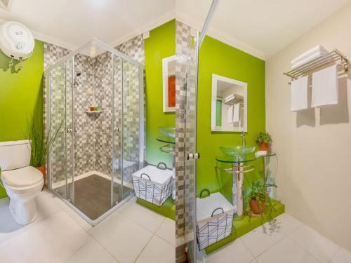 a bathroom with a shower and green walls at Tzy-No Family Cottage in Balong