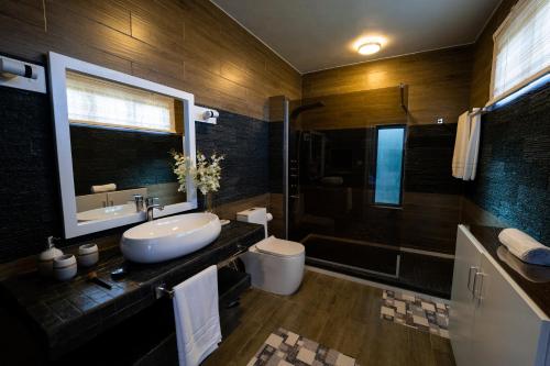 y baño con lavabo, aseo y ducha. en Preety Blue Residence villas, en Grand Baie