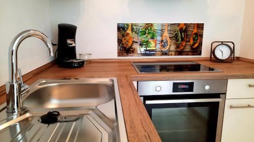 a kitchen with a sink and a stove at Ferienappartement am Slevogtweg in Leinsweiler