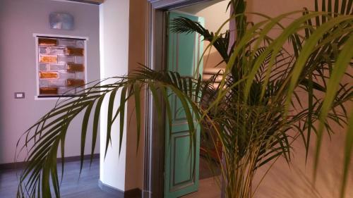 a potted plant sitting next to a green door at La Pulce Argentata in Sestri Levante