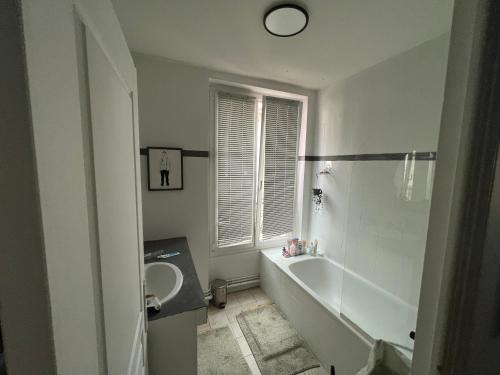 une salle de bain avec une baignoire et un lavabo et une baignoire dans l'établissement chambre privée dans superbe appartement parisien !, à Paris