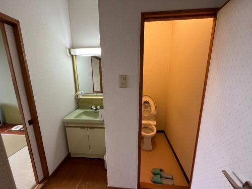 a small bathroom with a sink and a toilet at Sapporo's Secret Onsen Sanctuary Marukoma Onsen Ryokan in Chitose