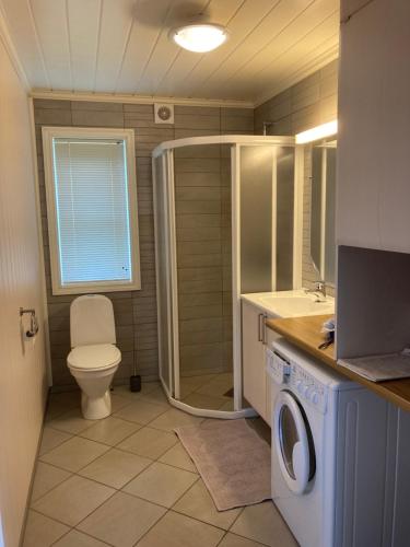 łazienka z toaletą i pralką w obiekcie Perla w mieście Stryn