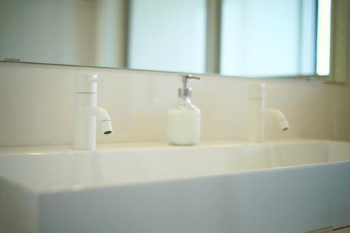 a bathroom sink with two faucets and a mirror at Rainbow Village（レインボーヴィレッジ） in Mihama