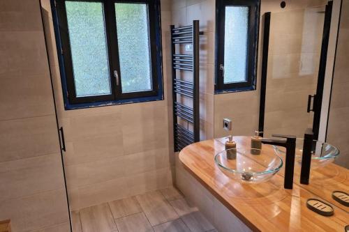y baño con lavabo de cristal y ducha. en Ariège, agréable appartement en bord de rivière, en Vicdessos