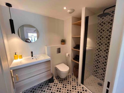 une salle de bain avec un lavabo, des toilettes et un miroir dans l'établissement Bel appartement au calme climatisé avec terrasse, à Aix-en-Provence