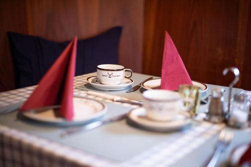 a table with two cups and saucers with pink napkins at Landhotel Jägerhof in Bischofsgrün