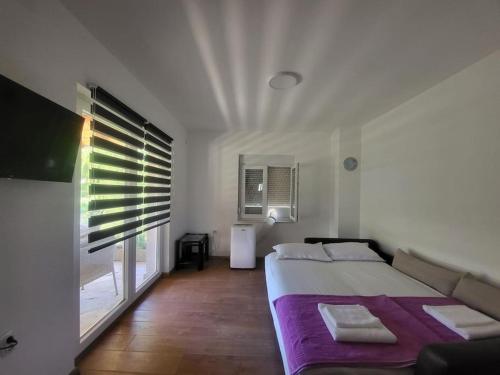 um quarto com uma cama e uma grande janela em Apartman MatiNik1 em Gornja Toplica