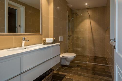 uma casa de banho com um WC, um lavatório e um chuveiro em Lustica Bay Apartment Maria By 2bhome em Radovići