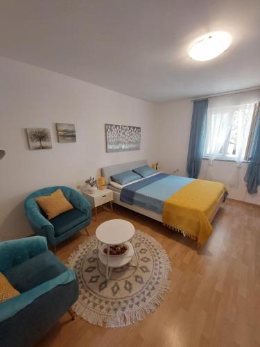 a bedroom with a bed and a couch and a table at Apartmani Anica in Risika