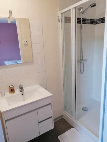 een badkamer met een witte wastafel en een douche bij le valoria delph et greg 